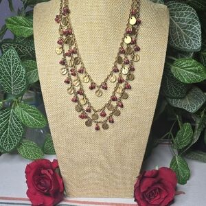 Gold Tone and Shades Of Red Multi-layered Necklace